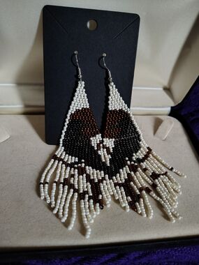 🐦‍⬛New Handmade Crow Spirit Seed Bead Fringe Earrings - Earth Tones Boho🐦‍⬛